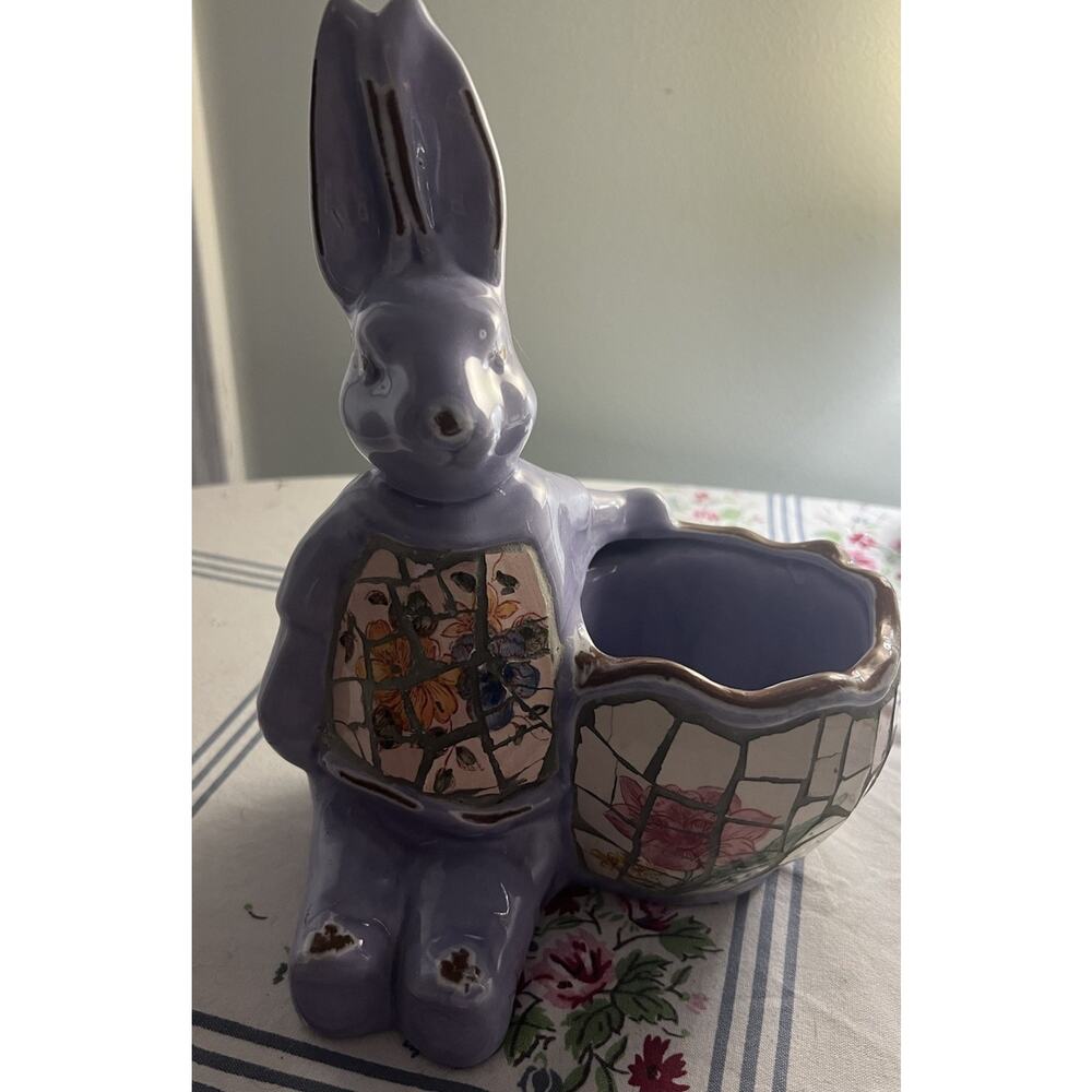 Vintage Mosaic Ceramic Bunny Planter Candy Holder Purple Lilac